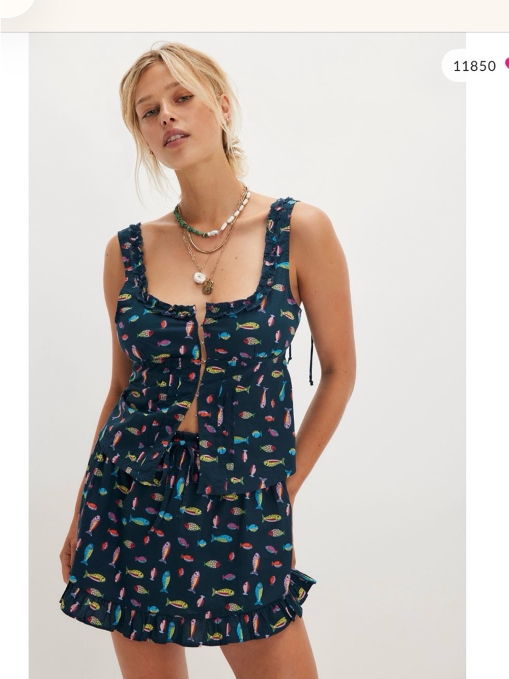 Free People Navy Mini Skirt with Multicolor Fish Print